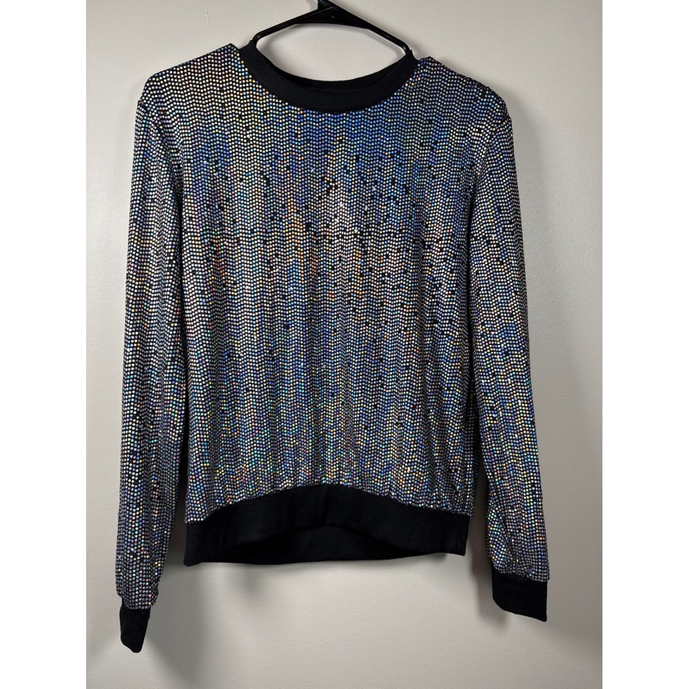 Womens Holographic Sequin Dot Disco 1970's Top‎ Black Multicolor Shimmer Large